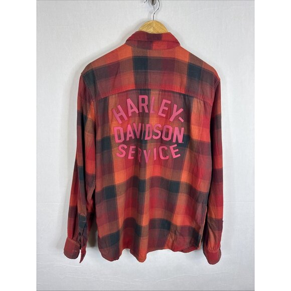 Harley-Davidson Plaid Flannel Shirt Men Large Orange Black Patch Spell Out - Picture 2 of 7